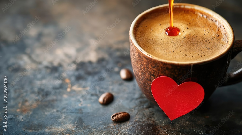 Aufkleber close up of coffee cup with heart decoration on dark textured background perfect for romantic or coz