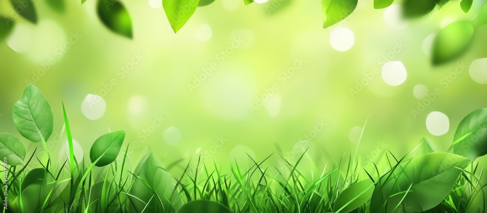 Poster softly blurred green foliage and grass with gentle light rays in lush nature field background ideal 