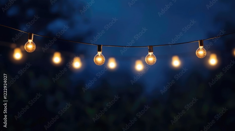 Poster Illuminated string lights bokeh effect on dark background creating a dreamy atmosphere with ample space for text or designs