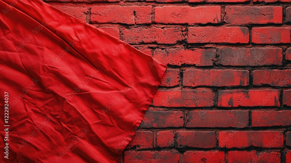 Poster Close up of a red flag gently draped against a textured brick wall with ample space for customizable text or branding elements