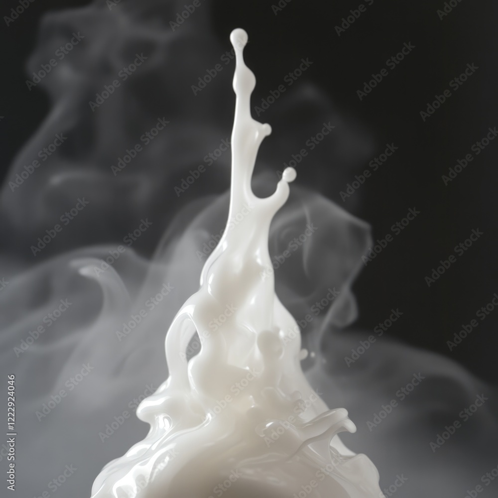 Poster white ink drop rising amidst black background creating abstract fluid art with smoke effect space fo