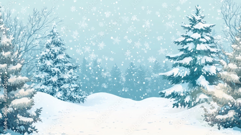 Poster winter forest scene with snow-covered fir trees and gentle snowfall creating a serene holiday atmosp