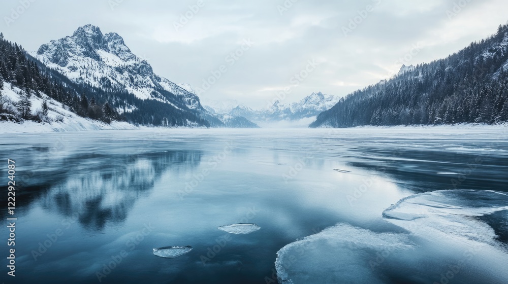 Aufkleber Textured Ice on Serene Mountain Lake Reflecting Snowy Peaks and Forest with Space for Text or Branding