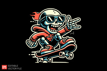 Skeleton Playing Skateboard Black and white silhouette Illustration vector design