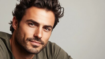 Fototapeta premium Portrait of a stylish man with dark hair and a charming smile against a neutral background ideal for adding text or captions.