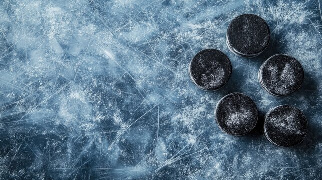 Close up of hockey pucks on ice surface with ample empty space for text or branding in a top down perspective hockey theme