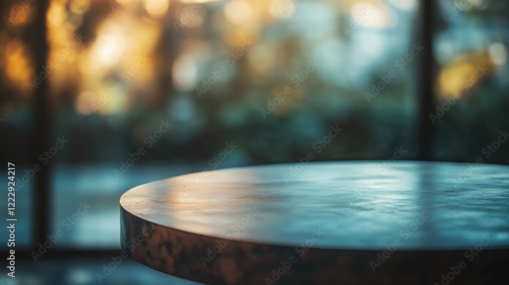 Poster Close up of a round table with a blurred nature background and empty space for text creating a serene and inviting atmosphere