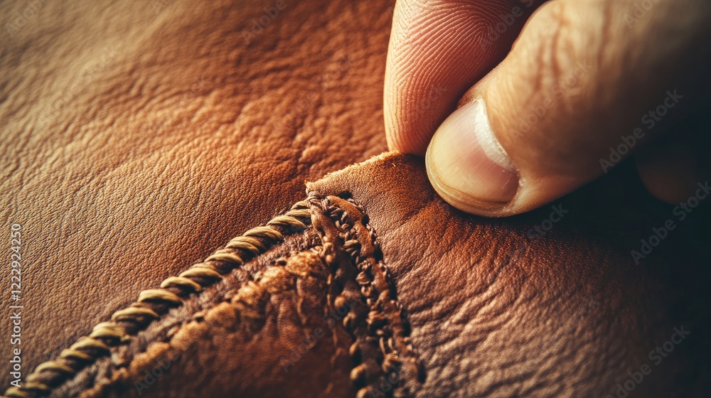 Poster Close up of a hand meticulously stitching brown leather showcasing craftsmanship with ample empty space for custom text addition