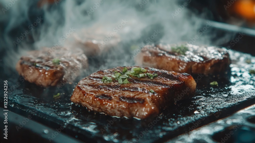 Poster sizzling grilled steaks on iron griddle with steam and green garnish showcasing deliciousness and em