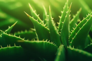 Fototapeta premium Close-up view of vibrant green succulent leaves with sharp edges and natural textures.