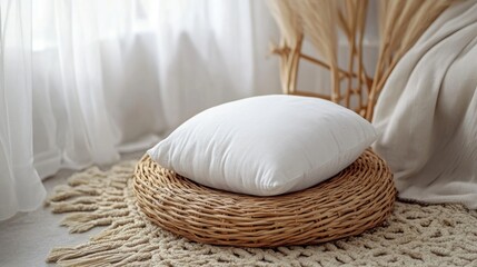 Fototapeta premium Boho Scandinavian interior with rattan round cushion and neutral backdrop perfect for art mockup and design inspiration featuring cozy textures