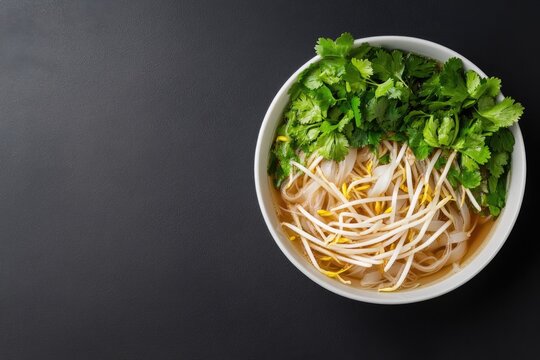 Delicious bowl filled with noodles, fresh herbs, and crunchy bea