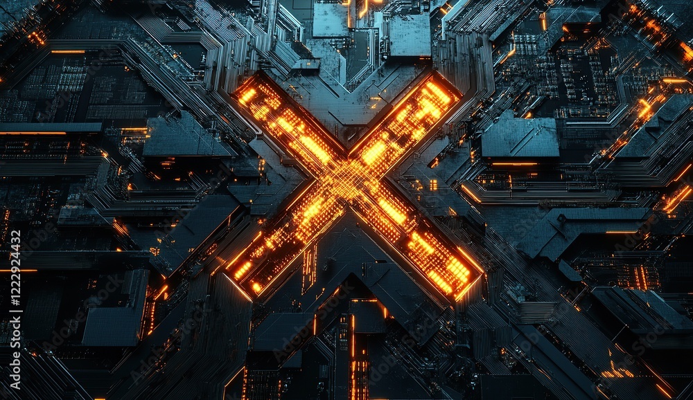 Poster a digital artwork featuring an abstract circuit board design with glowing elements, creating the let