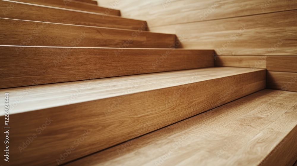 Poster close up of modern wooden staircase with sleek lines in stylish interior design featuring ample copy