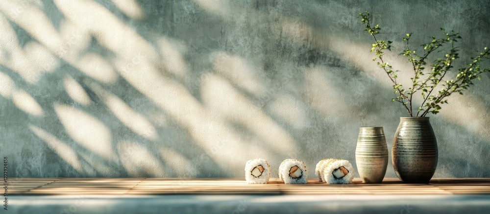 Poster Elegant sushi rolls and sake arrangement on a textured background with minimalist aesthetics and ample empty space for creative text use