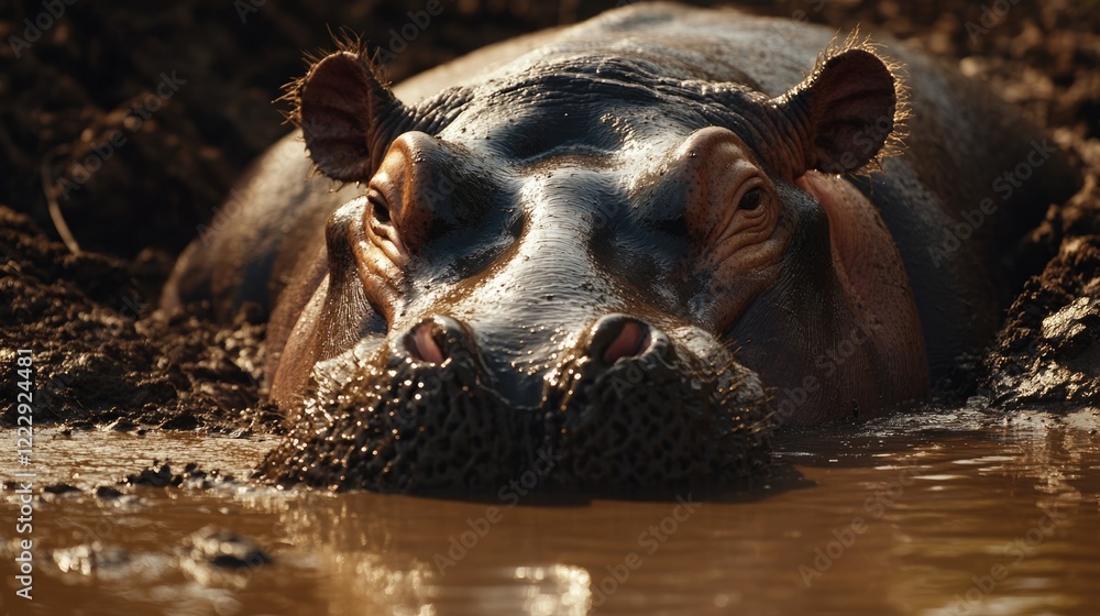 Poster Close up of hippopotamus relaxing in muddy water with ample empty space for text and creative designs in a natural setting
