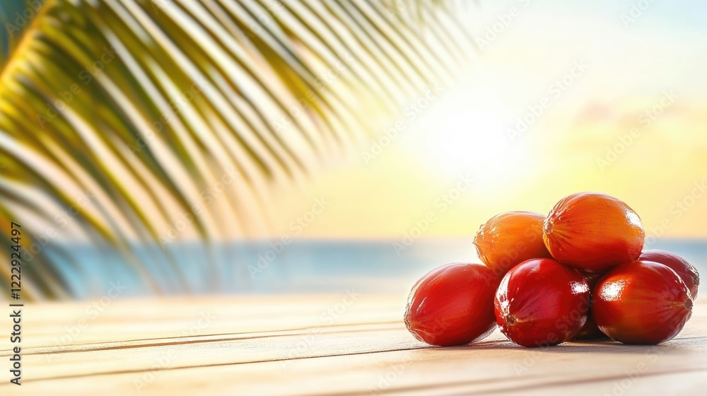 Poster close up of fresh palm oil fruits on wooden surface with sunset backdrop and palm tree leaves creati