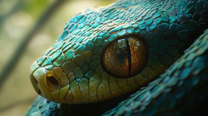 Fototapeta premium Close up of a Green Tree Python showcasing intricate scales and detailed eye with ample space for text insertion and design elements