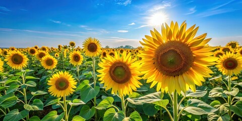 Obraz premium Il campo di girasoli in piena coltivazione con le piante alte e verdeggianti contro un cielo azzurro sereno, sotto il sole che splende dolcemente, giugno, campo