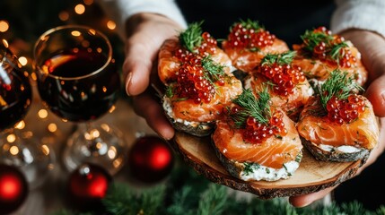 An enticing assortment of salmon appetizers beautifully arranged on a wooden platter, perfect for festive gatherings, showcasing culinary excellence and seasonal flavors.
