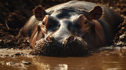 Close up of hippopotamus relaxing in muddy water with ample empty space for text and creative designs in a natural setting