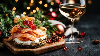 Fototapeta premium A stunning salmon dish paired with fine wine, elegantly styled for a festive occasion, illustrating the perfect union of gourmet food and luxurious dining experience.