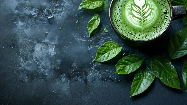 A beautifully crafted matcha latte with leaf designs, surrounded by fresh green leaves on a textured dark surface