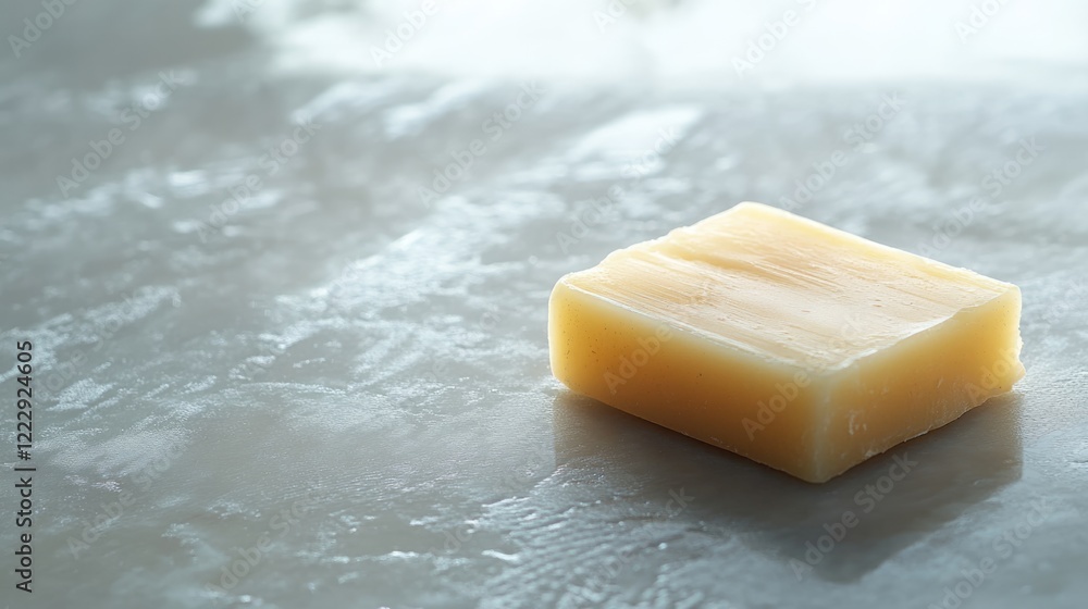 Poster Homemade essential oil bar soap on a smooth surface with ample empty space for text or branding in natural light setting