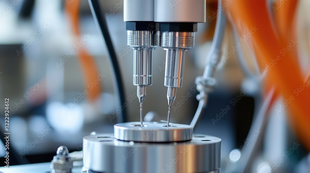 Poster close up of precision electronic device with dual metal probes in semiconductor workshop featuring e