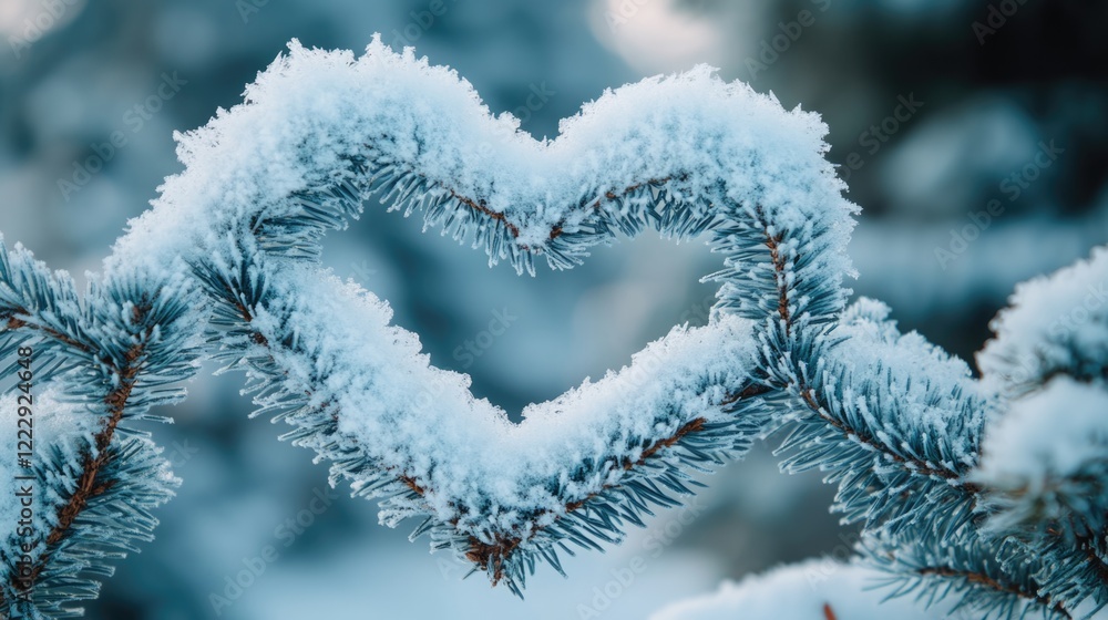 Aufkleber heart-shaped snow on frosted pine branch against blurred winter background with copy space for seaso