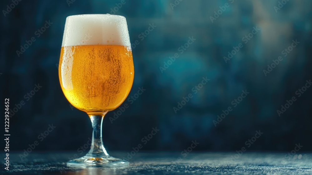 Poster chilled light beer in a glass with fresh hops showcasing condensation and ample space for promotiona