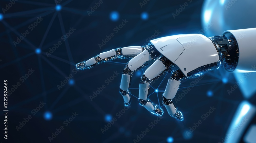 Poster robotic hand interaction with digital network background for technology and innovation concepts with