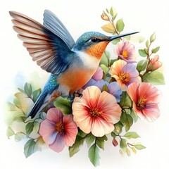 Vibrant hummingbird perched amidst colorful blossoms, showcasing nature's beauty in a serene garden setting