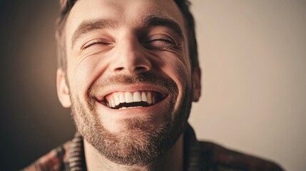 Obraz premium Happy man laughing with joyful expression and ample space for text or advertising in a warm and inviting setting