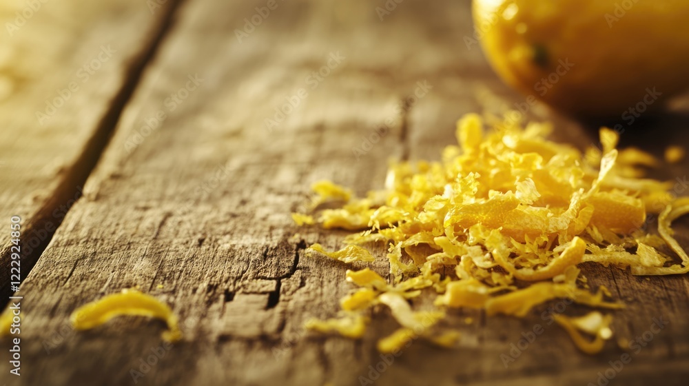 Aufkleber Close Up of Fresh Lemon Zest on Rustic Wood Background with Shallow Depth of Field and Space for Text or Culinary Design Elements