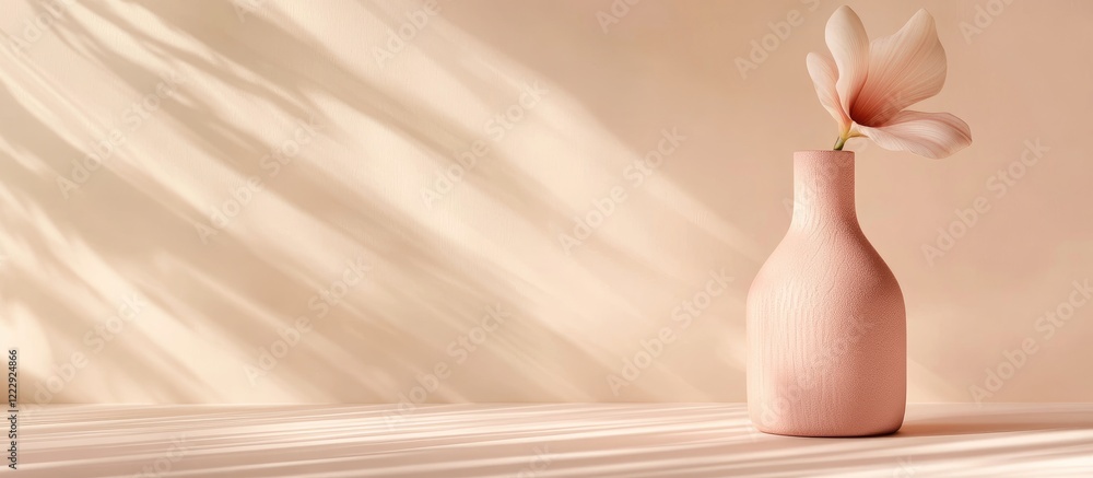 Poster Elegant Terracotta Pink Vase with Flower on Minimalistic Beige Background and Soft Light Shadows for Text Placement and Product Display