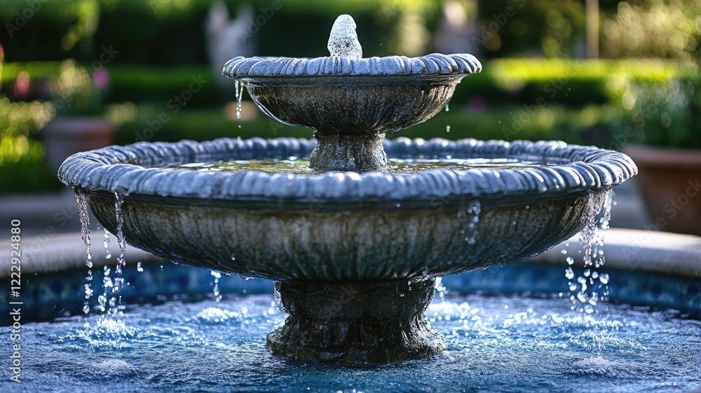 Poster elegant water fountain feature with crystal blue water splashing and bubbles creating a serene atmos