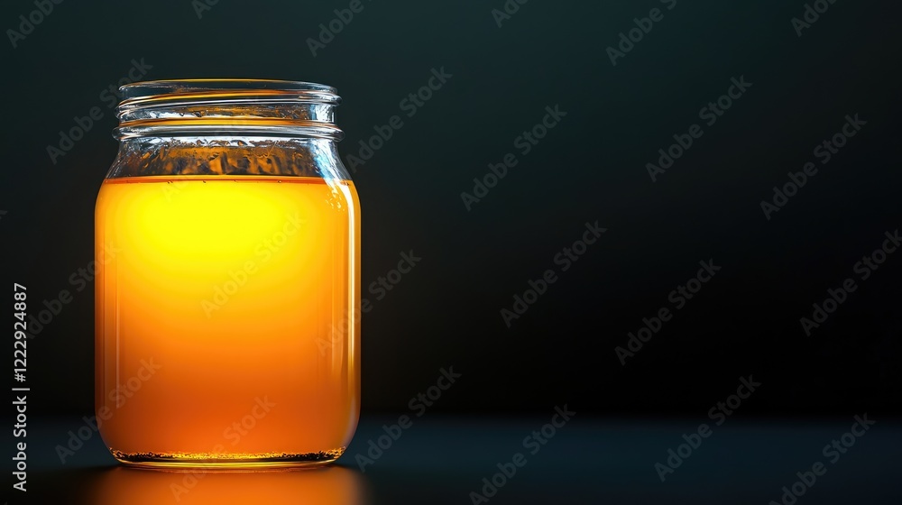 Aufkleber Close up of a glass jar filled with vibrant orange juice showcasing a dark background and ample empty space for text or branding messages
