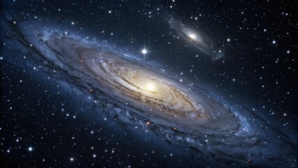 Fototapeta premium Cosmic Tapestry: A breathtaking image of the Milky Way galaxy, a mesmerizing swirl of stardust, gas and light, stretching across a deep blue expanse, illuminating the vastness of space. 