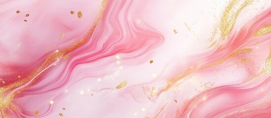 Luxurious abstract marbling texture background in pink and gold tones with glitter and empty space for creative text or designs