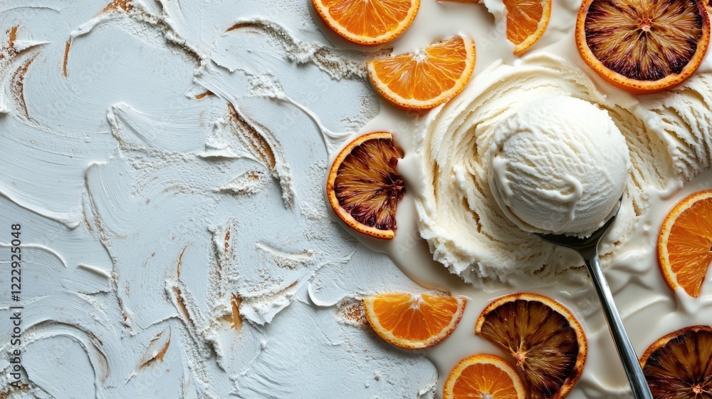 Aufkleber creamy vanilla ice cream with burnt orange slices on textured background with ample space for text o