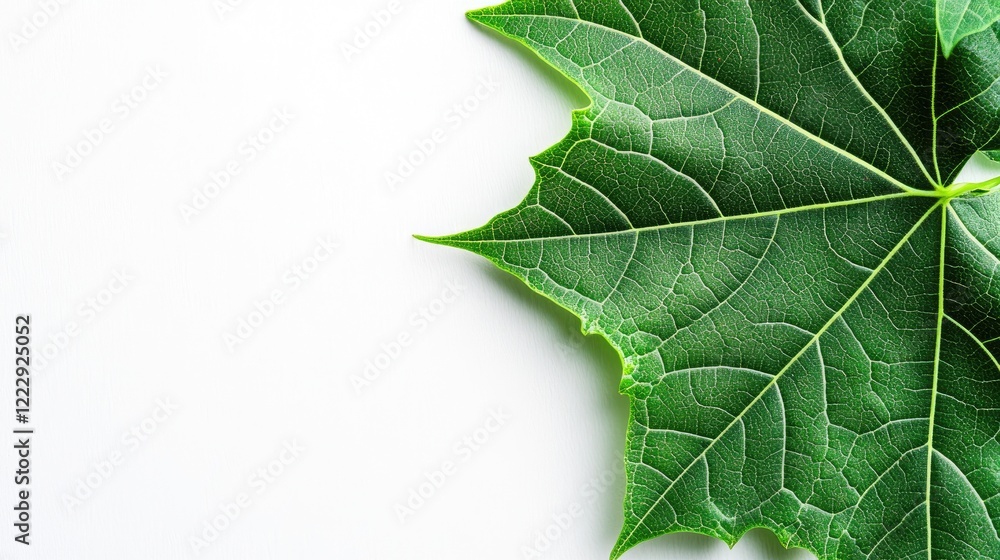Poster Fresh green leaf close up on white background ideal for nature themes or text overlay space for ecological or botanical concepts.