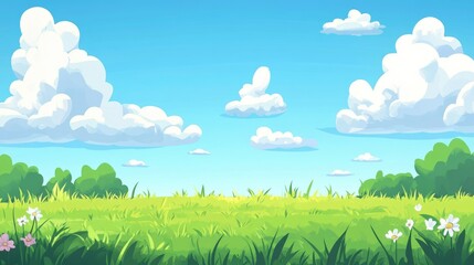 Obraz premium Pastoral landscape featuring vibrant green grass under a bright blue sky adorned with fluffy clouds and colorful wildflowers in the foreground
