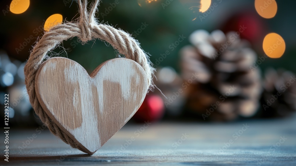 Poster heart shaped wooden decor piece with rope hanging against blurred festive background for personalize