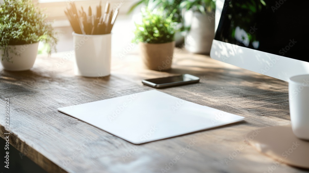 Poster modern workspace for digital marketing with technologies featuring empty space for text amid greener