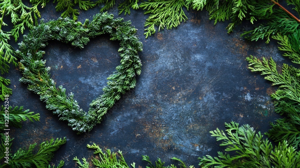 Poster Heart shaped conifer leaves and lush greenery on dark background with empty space for text or design elements
