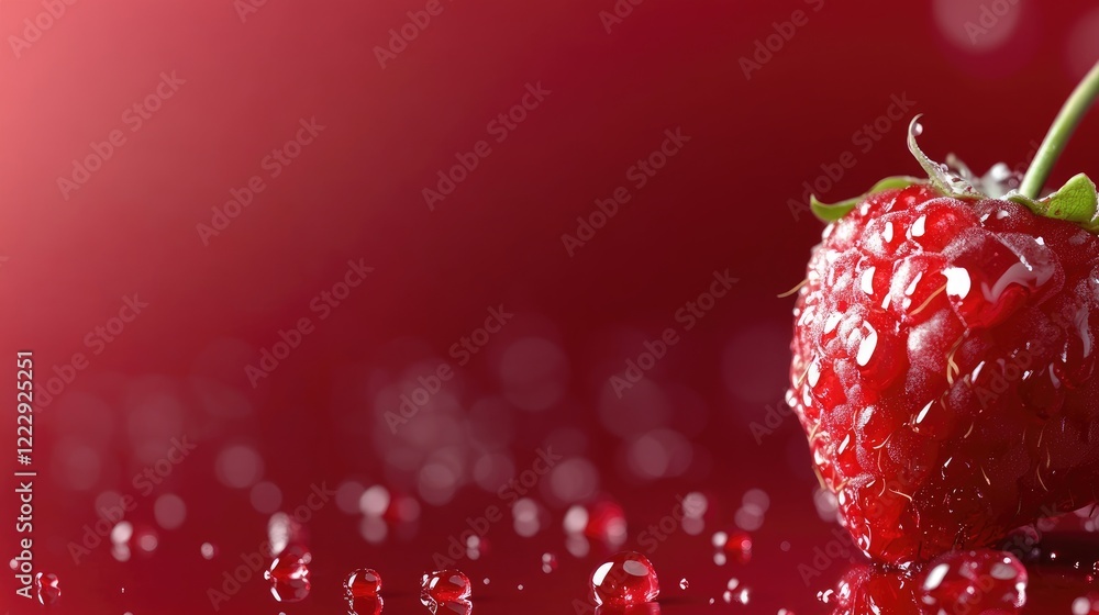 Poster fresh ripe raspberry with water droplets on a blurred red background featuring space for text or pro