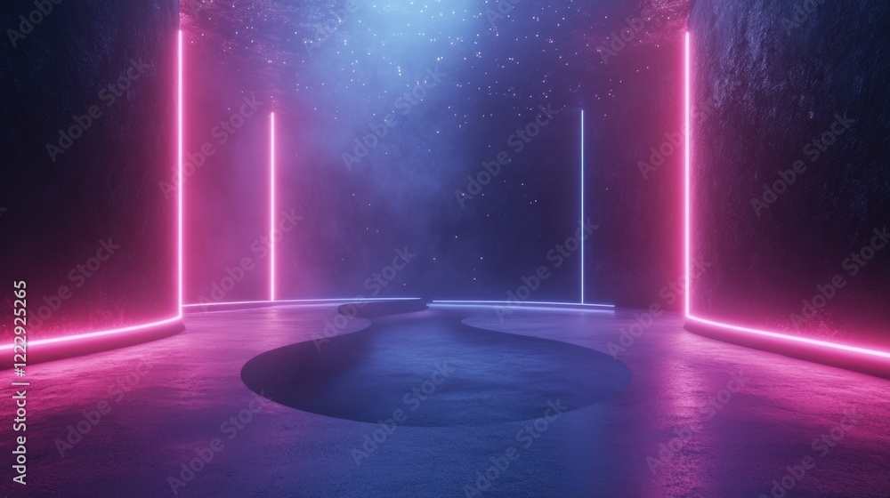 Aufkleber neon lights in a dark ambient scene with sparkling shapes and expansive copy space for creative text