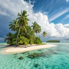 Obraz premium Secluded Tropical Paradise: A tranquil, untouched island emerges from crystalline turquoise waters, adorned with lush palm trees swaying gently in the tropical breeze, promising serenity and escape.