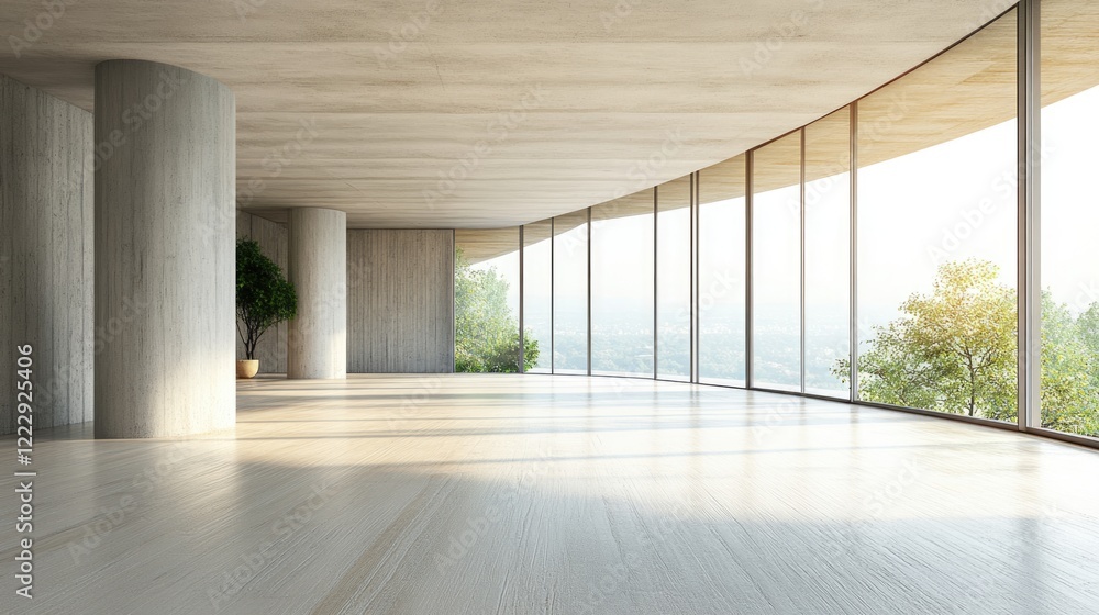Poster modern empty office space with panoramic windows and natural light ideal for text placement and inte